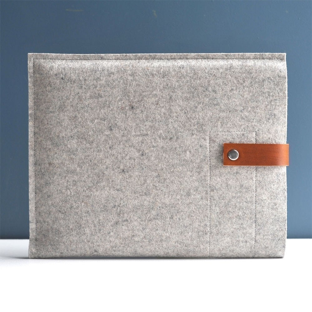 iPad Sleeve - Grey Wool Felt with Brown Leather