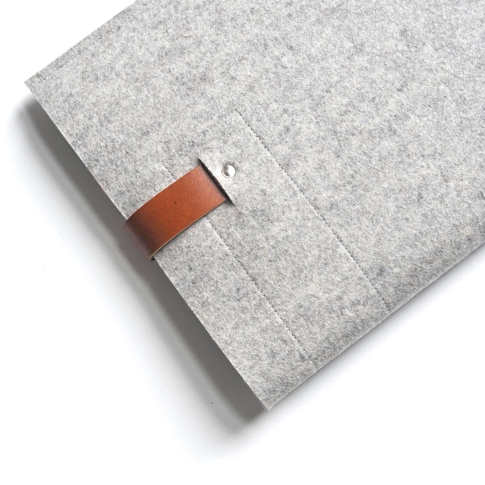 iPad Sleeve - Grey Wool Felt with Brown Leather