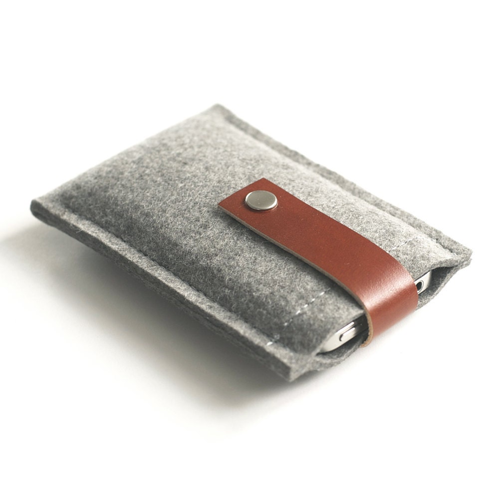 iPhone/iPod Case - Grey Wool Felt and Brown Leather