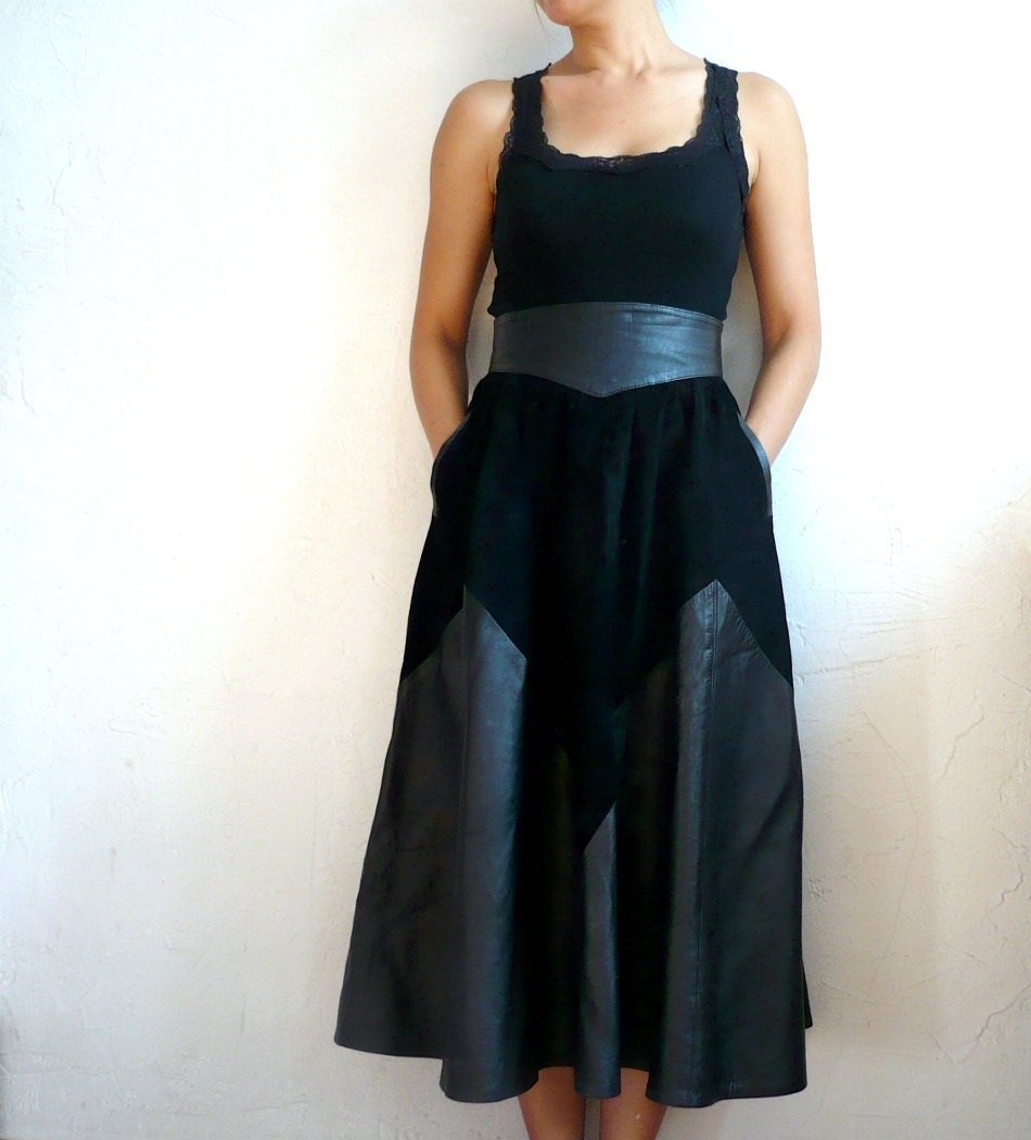 LINA French Vintage Black Leather Suede Maxi Skirt