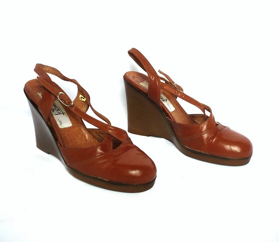 JAMGOT French Vintage 70s Wedges Brown Leather Shoes  Sandals