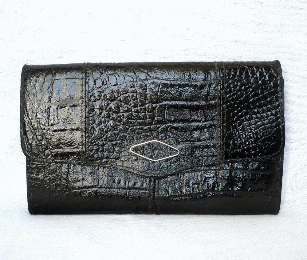 reserved for RENCOHA JULIA French Vintage Black Leather Croco Motif Clutch Handbag/Shoulder bag
