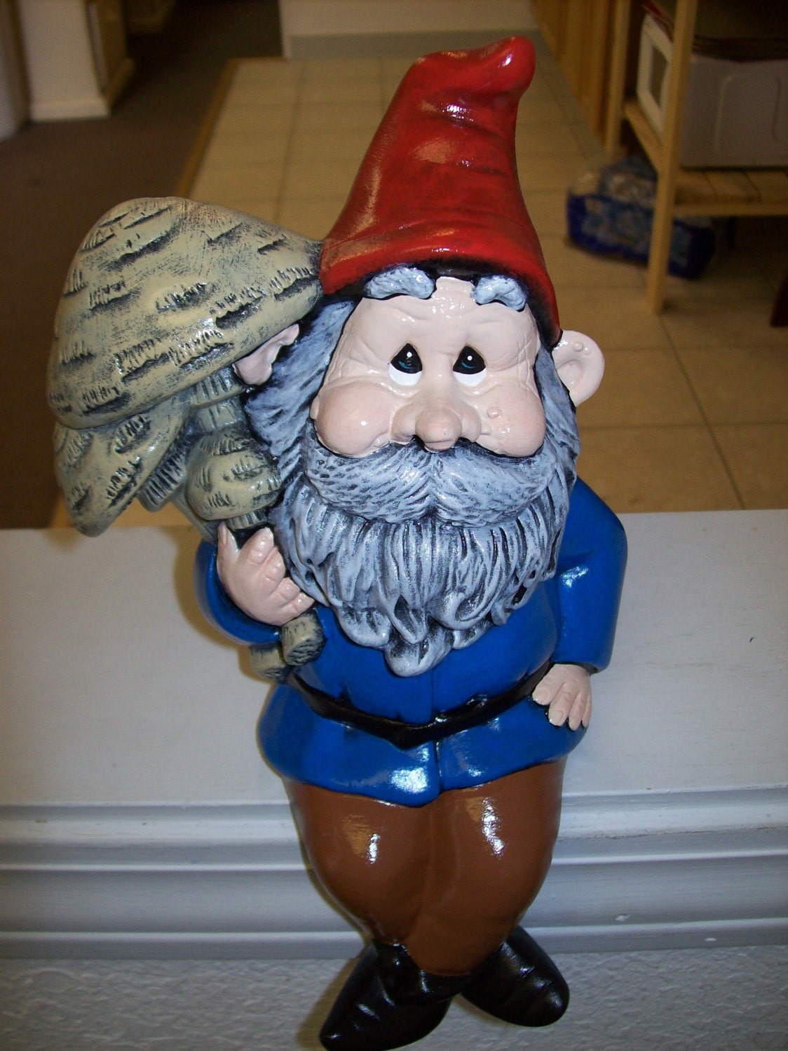 Ceramic Gnome Sitting with Mushrooms Garden Ornament