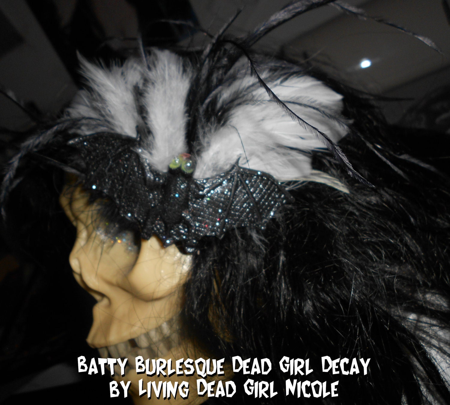 Dead Girl  Batty Burlesque Decay  Large Black & White Feather Barrette and Pin