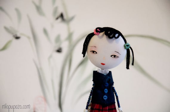 Art Doll Brooch Japanese School girl mixed media collage