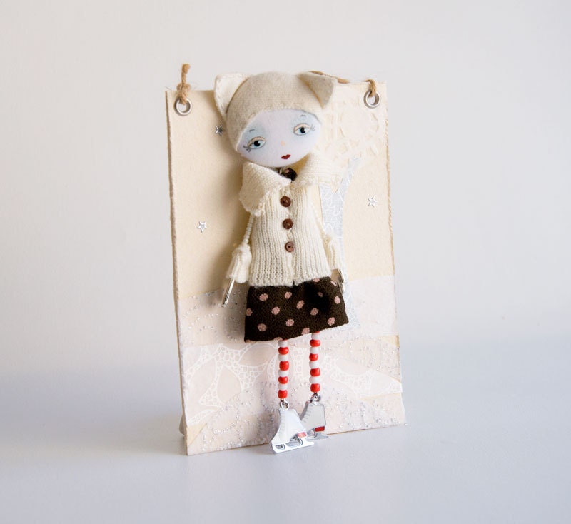 Art Doll Brooch Cat Hat mixed media collage - Free worldwide shipping