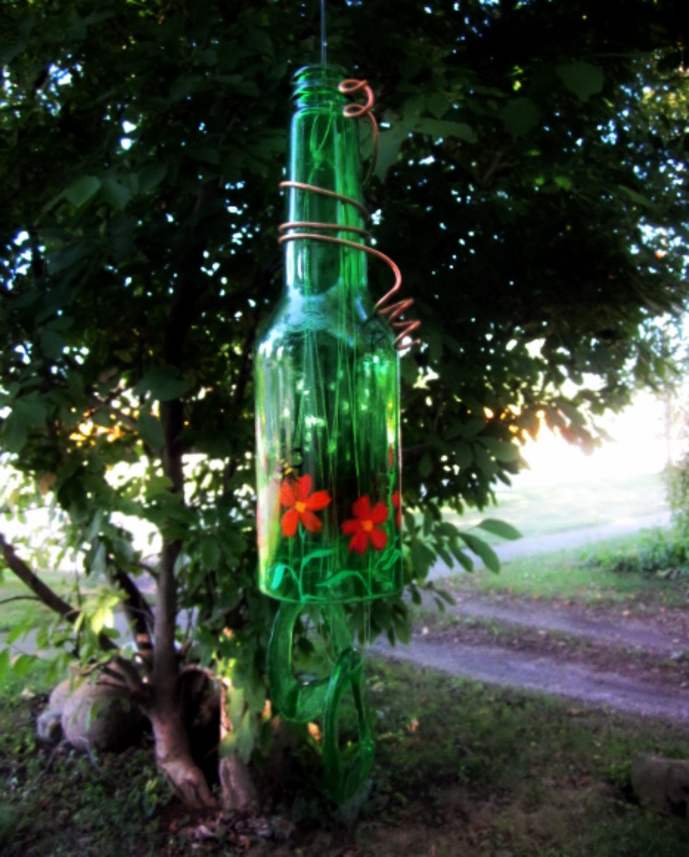 Recycled Beer Bottle Wind Chime Green Bell Style by GlassGaloreGal