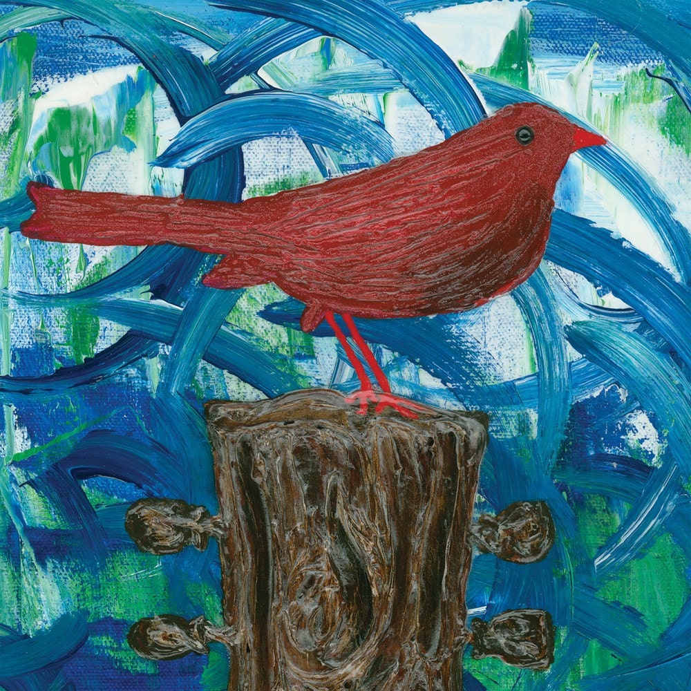 Red Bird on Guitar Print by binglishART