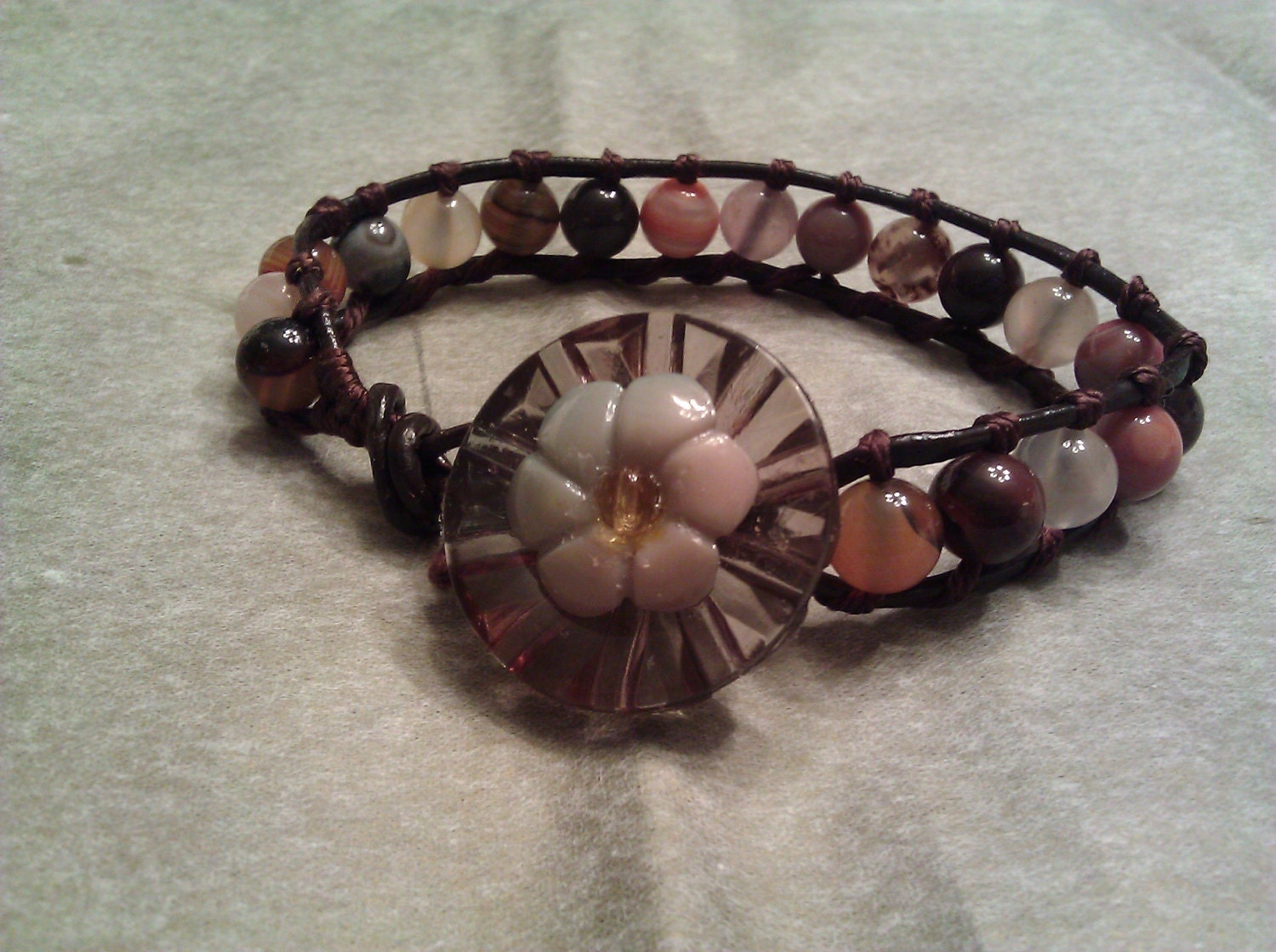 Leather wrap bracelet with semi-precious beads and vintage button closure