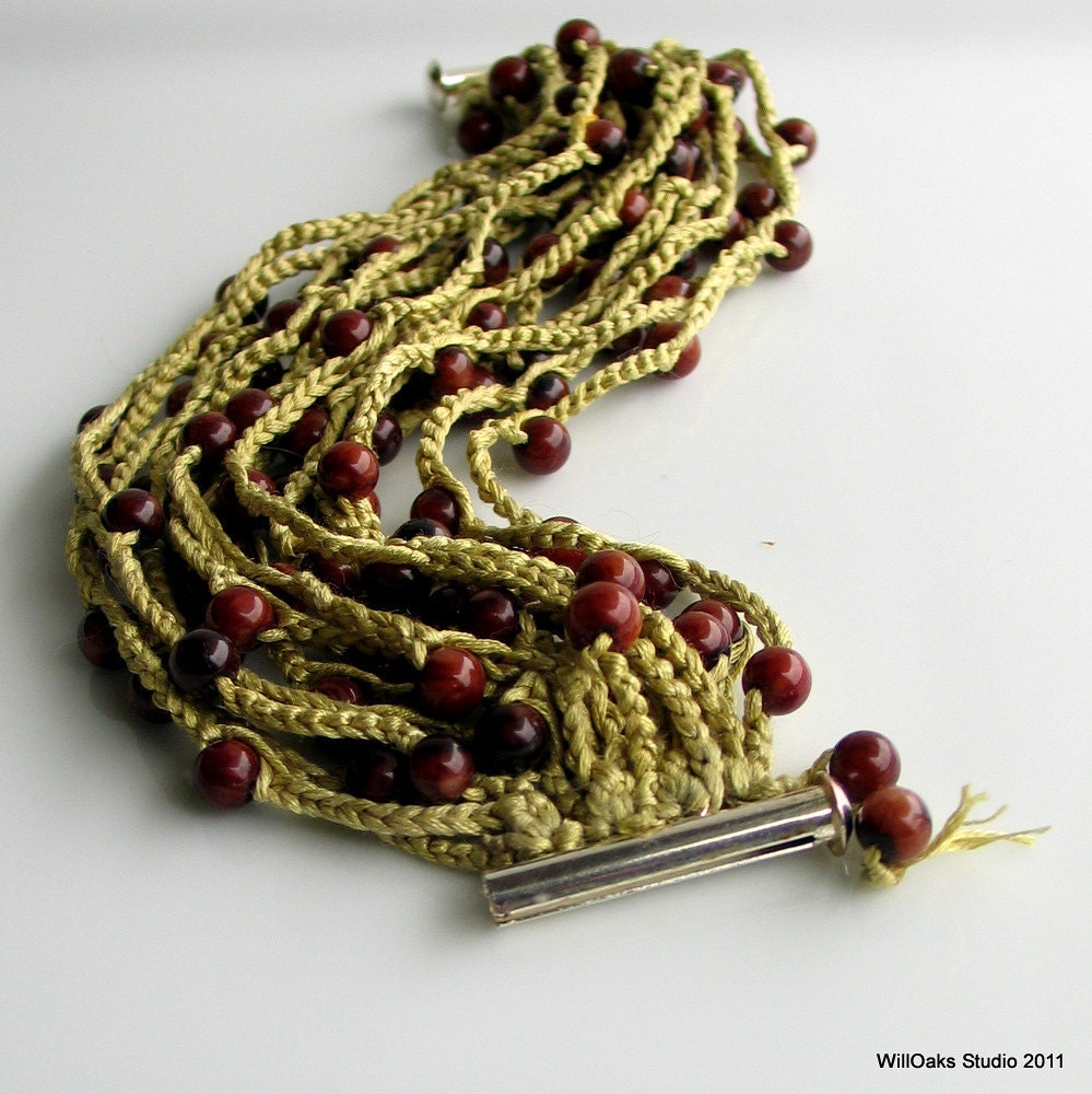 Crochet Bead Cuff, Silk Cuff Bracelet with Brown Bamboo Coral Beads, Pantone Color Bamboo