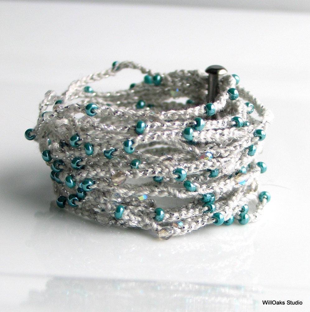 Gray and Teal Crocheted Cuff, Wide Thick Cotton Bracelet with Teal and Crystal Beads, Artist's Original Fiber Cuff