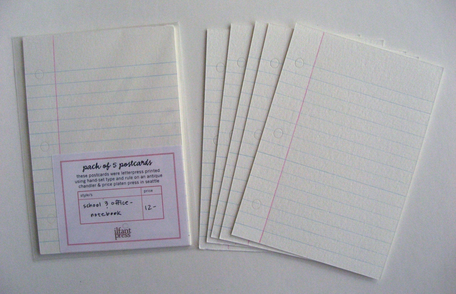 Pack of 5 letterpress printed postcards - Notebook paper
