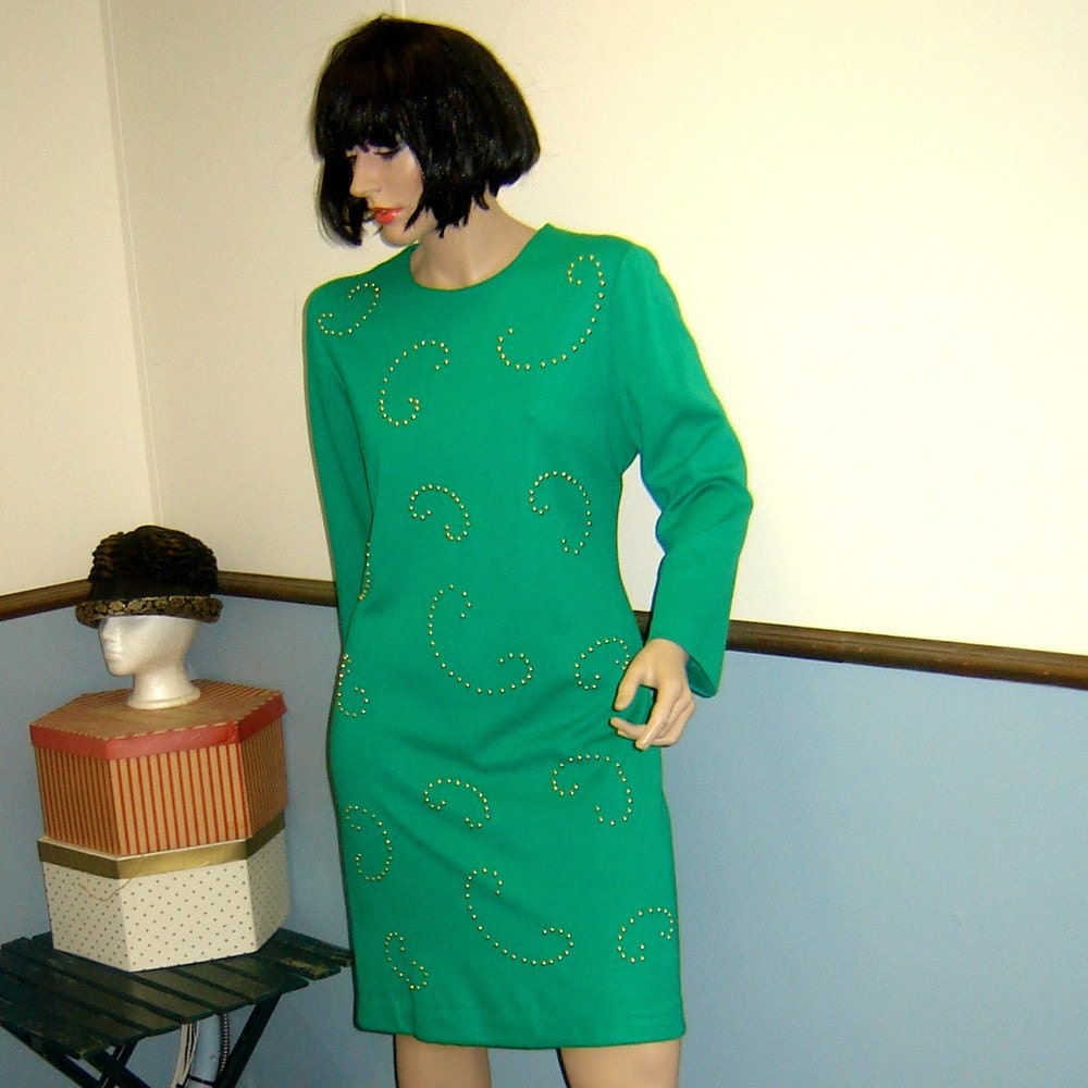 1980s Plus Size Vintage Electric Green Dress Size 14P