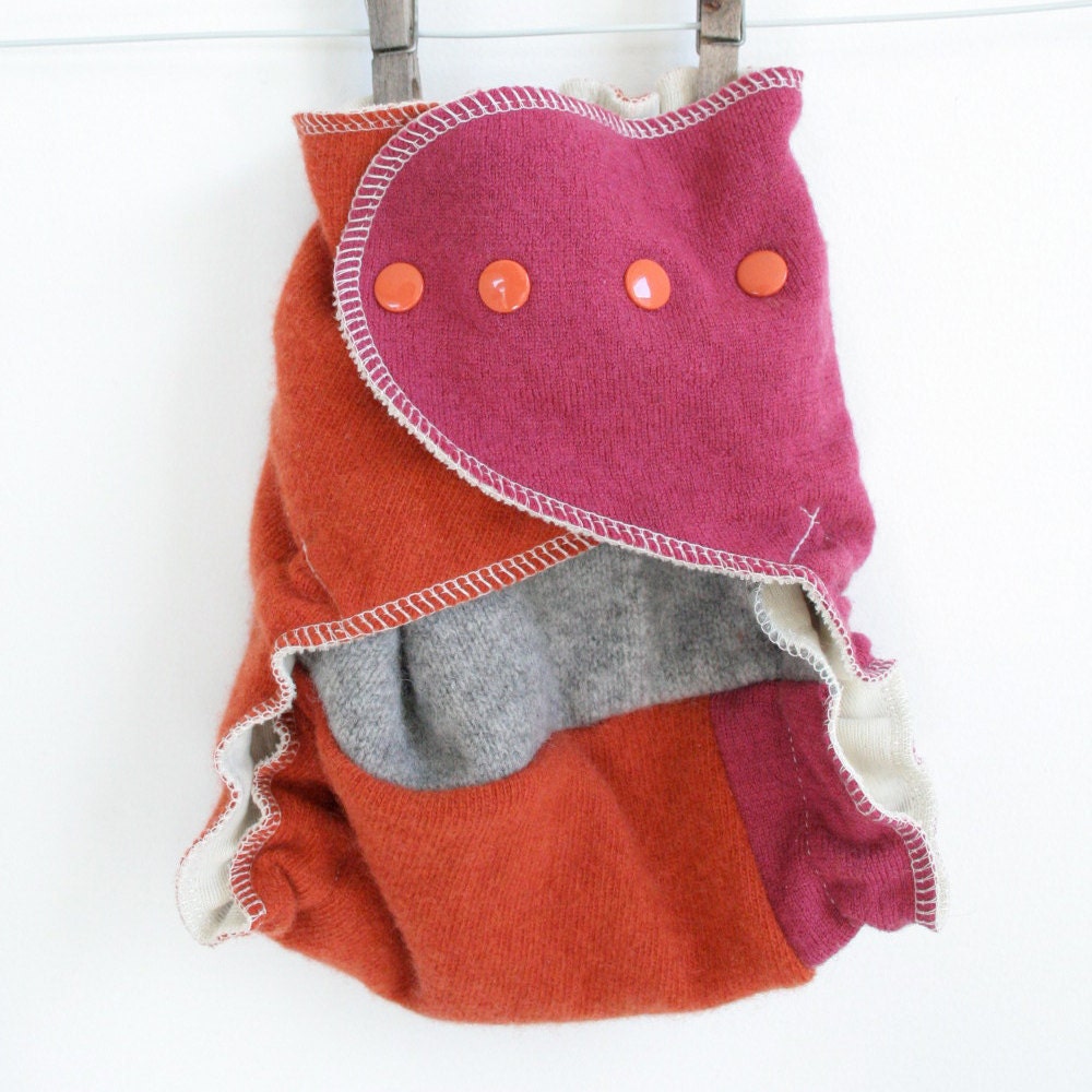 diaper cover - wool - colorblock in pink, orange and grey - one size - wool wrap cloth diaper cover - nifty nappy