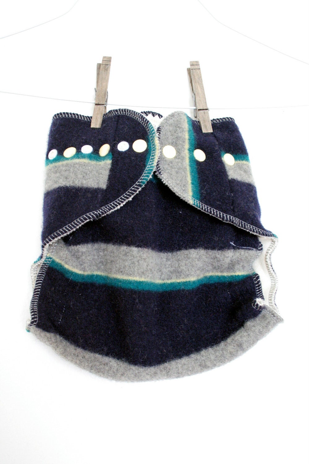 stripes wool wrap diaper cover - OS cover - 7-35 pounds - two layers - overnight - snaps - navy blue yellow green grey