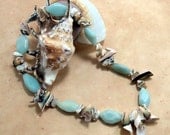 Aqua Stone and Shell Necklace - "Curled Up by the Sea" w Amazonite, MOP, Green Curly Seashells, Organic Jewelry