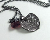 Aspen Leaf Necklace with Red Crystal Heart - "Heart of the Forest", Nature Jewelry