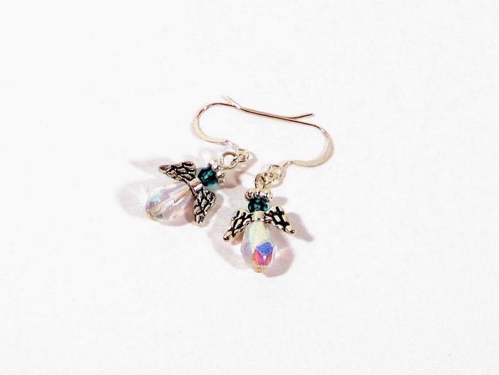 Blue Zircon Birthstone Earrings - "December's Angel" Earrings w Teal Crystals (Silver)