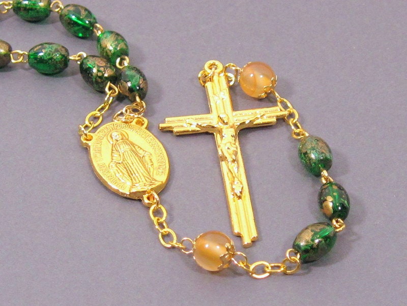 Green and Gold Rosary - "Sanctus" 5 Decade Catholic Rosary  w Green Czech Glass and Golden Chalcedony  -