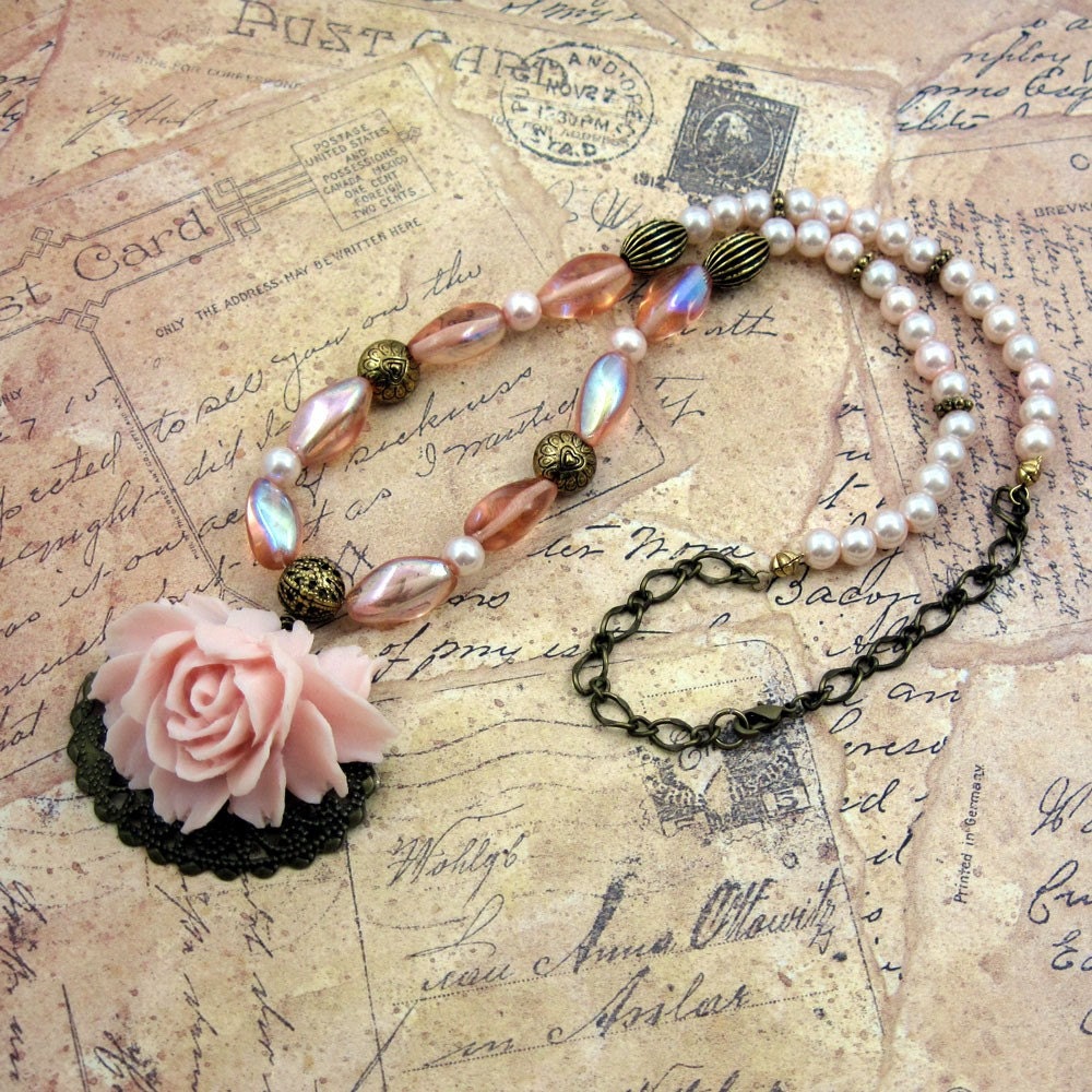 Pink Rose Floral Glass w Pearl Necklace - Claire