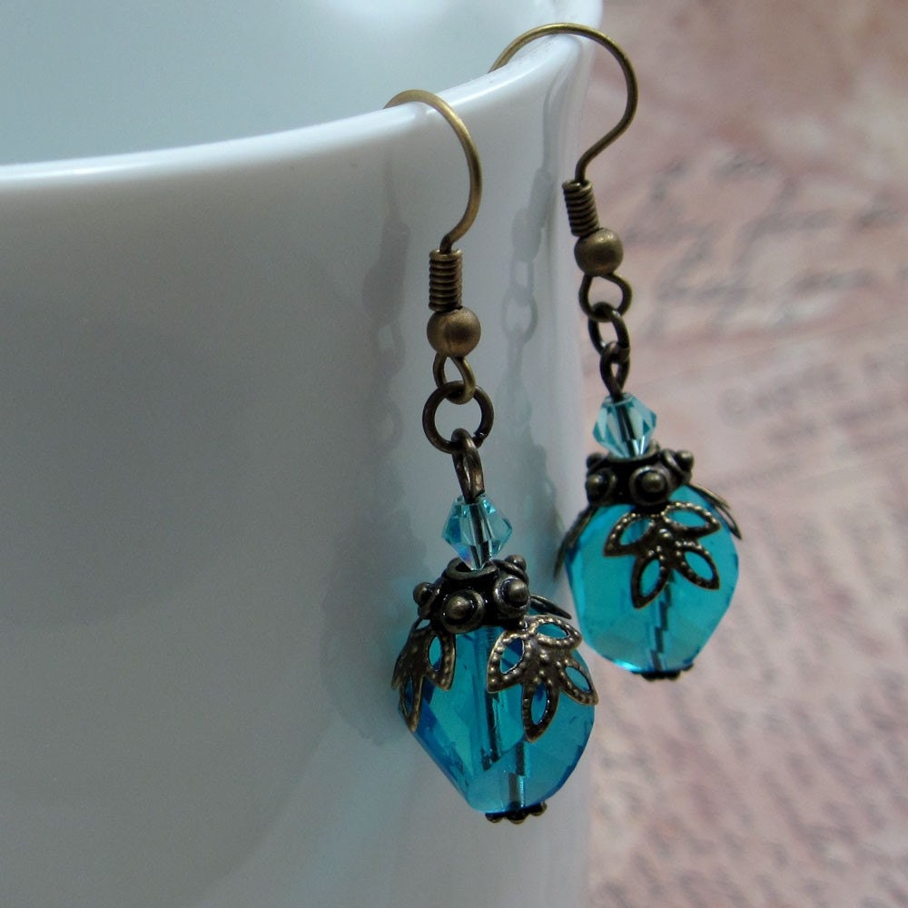 Blue Earrings - Czech Glass w Antiqued Brass - Grace