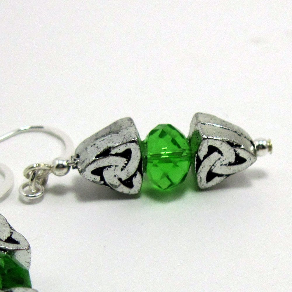 Celtic Knot Drop Earrings Sterling w Green Crystal - Past, Present, Future