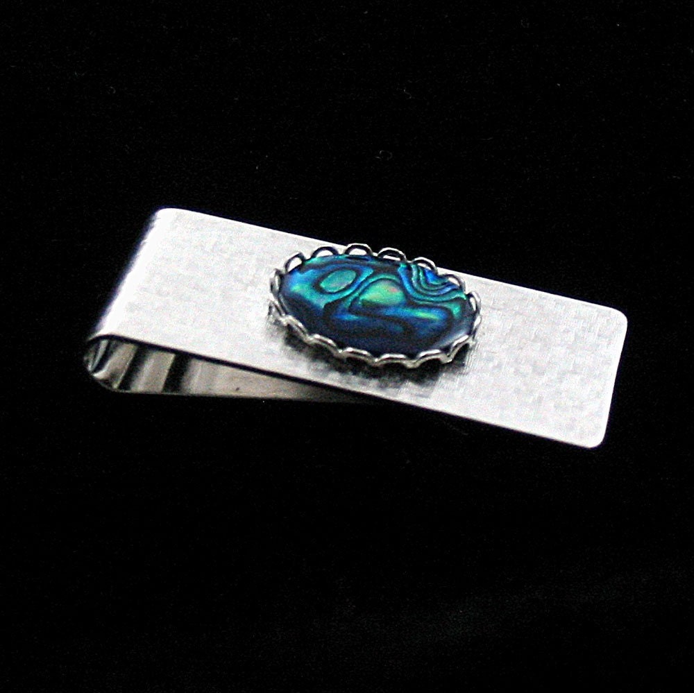 Paua Shell Business Card or Money Clip Silver