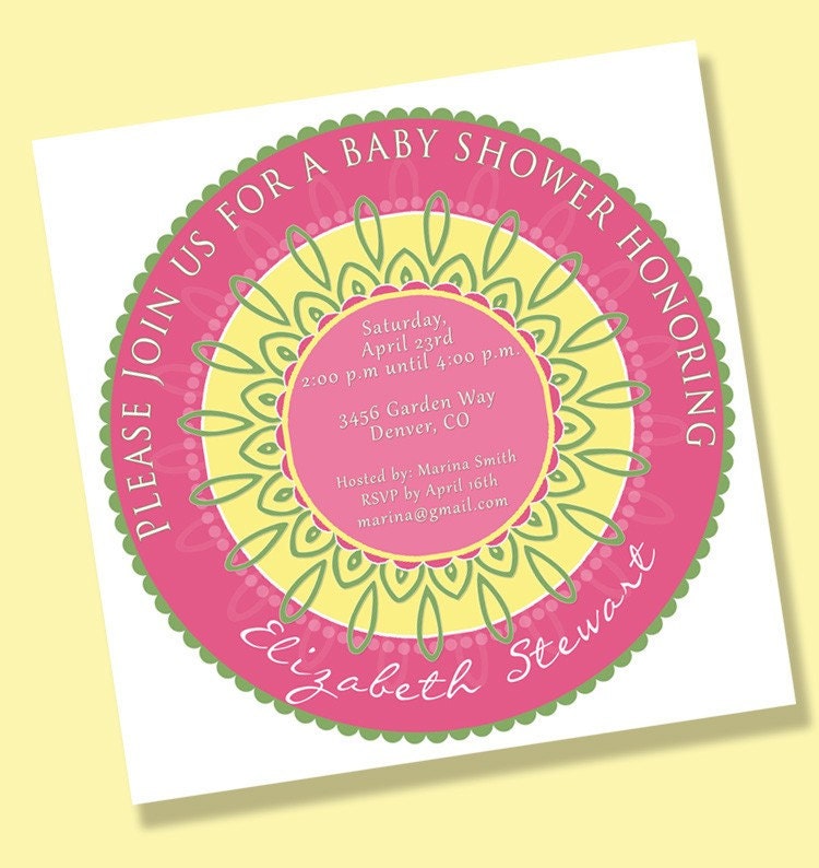 FLOWER MEDALLION SQUARE Printable Party Invitation - Pink, Yellow, and Green Printing Available Il_570xn