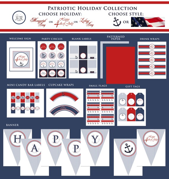 PATRIOTIC SEERSUCKER Printable Party Decor Package - Red, White, and Blue - Flag or Anchor Design Il_570xn