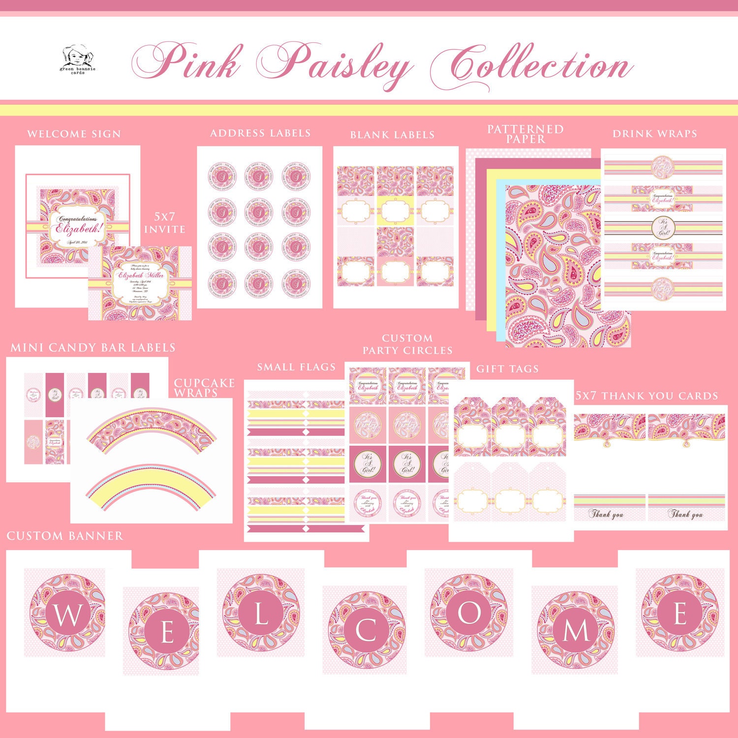 PINK PAISLEY Printable Party Decor Package and Invitation Il_570xn