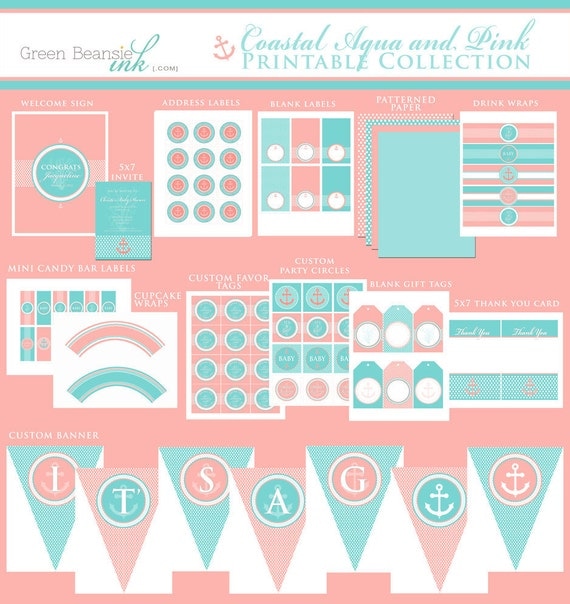 NAUTICAL ANCHOR Printable Party Decor Package and Invitation - Aqua and Pink Il_570xn