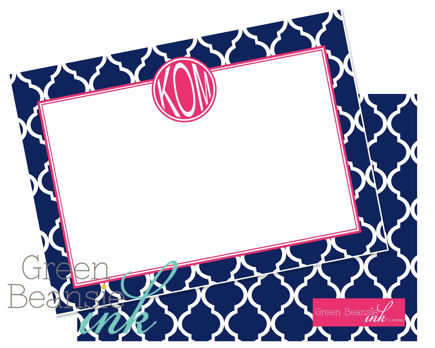 25 MODERN NAVY & PINK Monogram 4" x 5.5" Flat Card - Pearl Finish with Envelopes Il_570xn