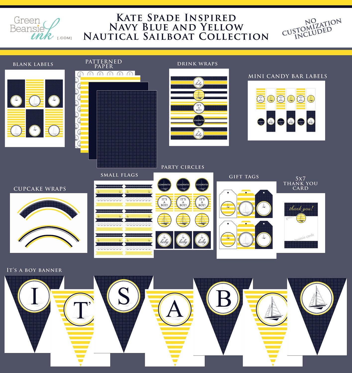 PREPPY NAUTICAL Printable Baby Shower or Birthday Party Decor Package - NO Customization - Many Color Options Il_570xn