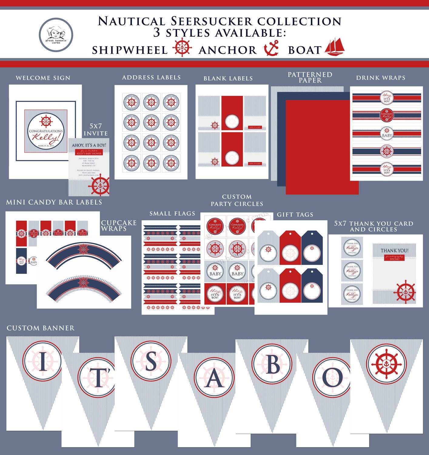 NAUTICAL SEERSUCKER Printable Party Decor Package and Invitation - Choose Anchor, Sailboat, or Ship Wheel