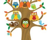 Kids Wall Art-Owls and Birds in a Tree- Illustration