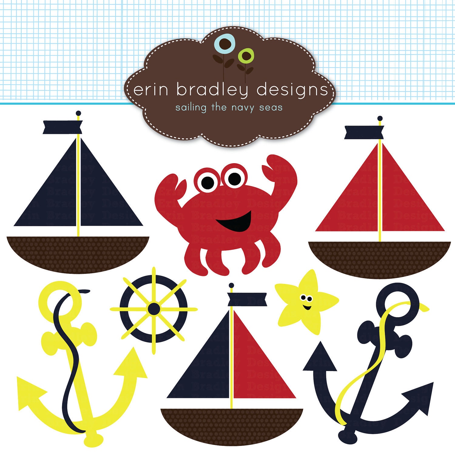 Nautical Sailboats Clipart Clip Art Navy Anchors and Boats Personal and Commercial Use Digital Designs