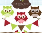 Holiday Owls Clipart Clip Art Personal & Commercial Use Christmas Bunting and Tree Branches Il_170x135