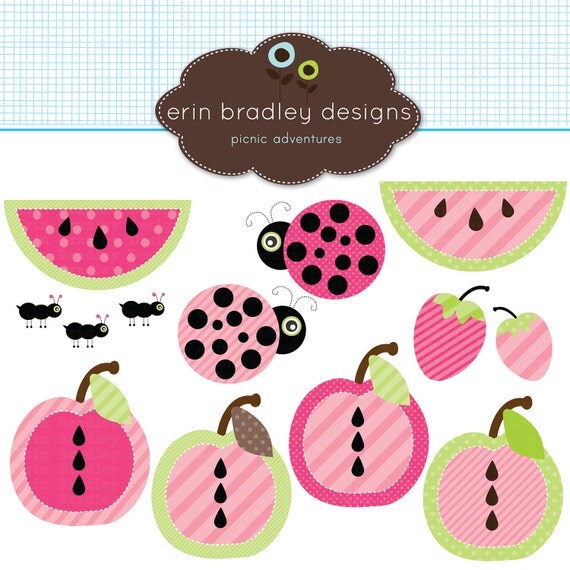 Ladybug Picnic Clip Art Commercial Use Watermelon Apples and Ants Clipart Il_570xn