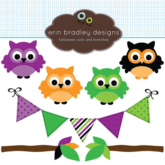 Halloween Owls and Bunting Commercial Use Digital Clipart Graphics Il_570xn