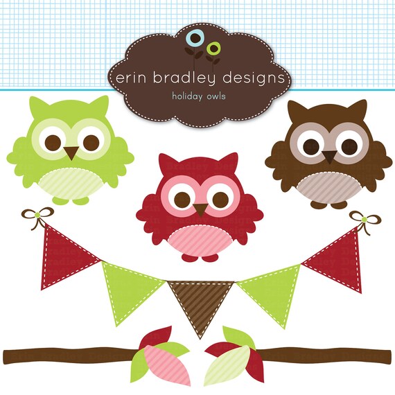 Holiday Owls Clipart Clip Art Personal & Commercial Use Christmas Bunting and Tree Branches Il_570xn