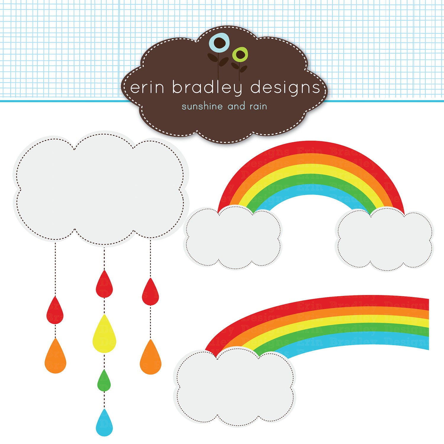 Rainbow Clipart Clip Art Personal & Commercial Use with Clouds and Rain