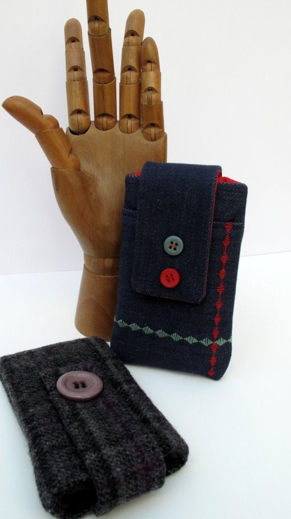 Denim iPhone 4s iPod Case Red and Green Embroidery