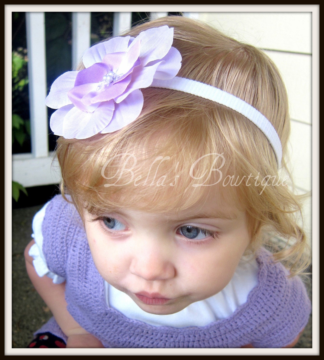 Lilac Silk Flowers with Beaded Pearl Center on a White Skinny Headband - Fits girls ALL ages