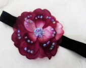 EGGPLANT PURPLE Shabby Chic Layered Silk Organza Flower Black HEADBAND with Beads and Sequins