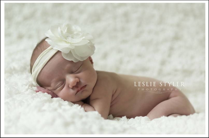 IVORY baptism christening headband Silk Flower Hair Boutique Style NYLON soft RHINESTONES - Fits Babies and Toddlers