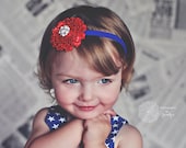 AMERICAN Beauty - Red White n' Blue - Fabric Flower Headband with Bling - Satin Rosette - Fits Babies Toddlers Big Girls 4th Of July