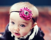 HoT PiNK n BLaCK Couture WHIPPED Shabby Chic Frayed Rose Rosette Headband with MEGA BLiNG - Fits Babies and Toddlers Girls