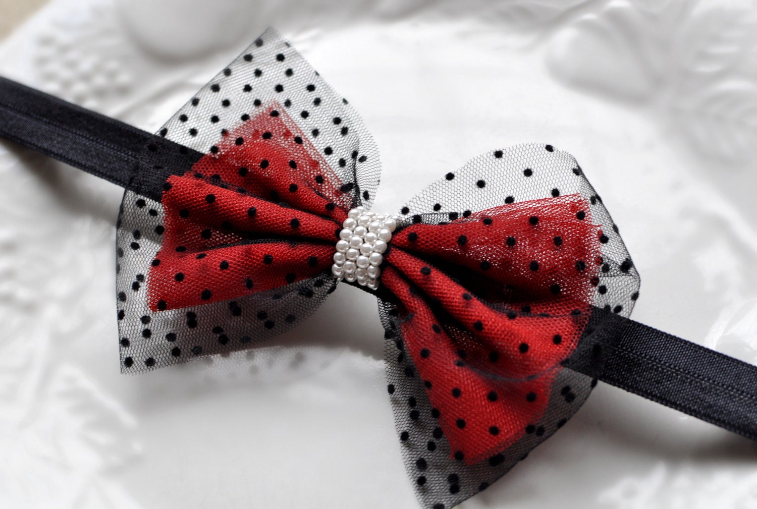 Red Black Hair Bow Headband - Polka Dots Ladybug Girls Toddlers Babies Photography Prop Tulle Valentines Day