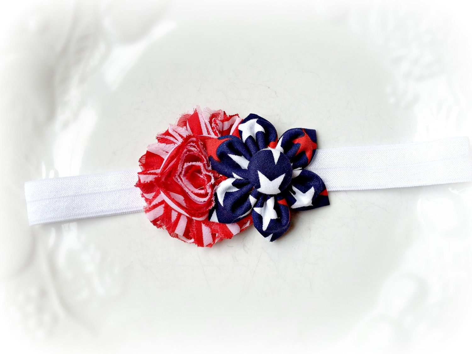 4th Of JULY Star Flag Stripes Red Navy Blue White HeADBAND Folded Fabric Flower Kanzashi Style American Fourth Patriotic Military Navy Army