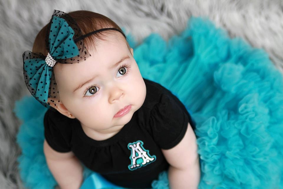 Blue Black Tulle Polka Dot Headband Hair Bow Band Fits Babies Toddlers Pearl center Photography Prop
